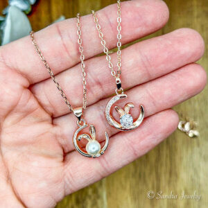 Rose Gold Cute Pearl Rabbit on the Moon Necklace