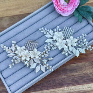 Wedding Flower Hair Comb and Pin with rhinestones, blue opal crystals, and white ceramic flowers. Perfect for weddings, proms, and special occasions.