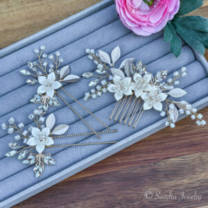 Set of 2 Wedding Flower Hair Pins and Hair Comb for Bride