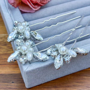 Set of 3 Silver Crystal and Pearl Hair Pins for Bride