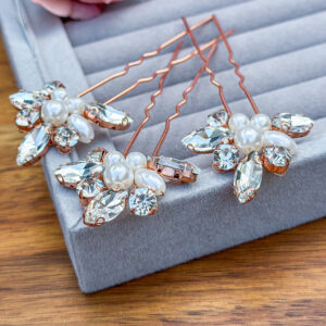 Set of 3 Rose GoldCrystal and Pearl Hair Pins for Bride