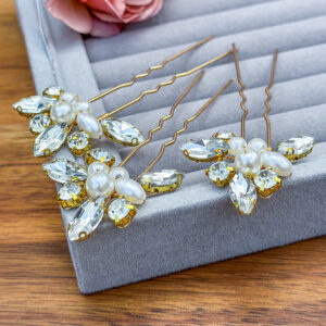 Set of 3 Gold Crystal and Pearl Hair Pins for Bride