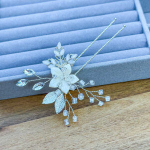 Wedding Flower Hair Comb and Pin with rhinestones, blue opal crystals, and white ceramic flowers. Perfect for weddings, proms, and special occasions.