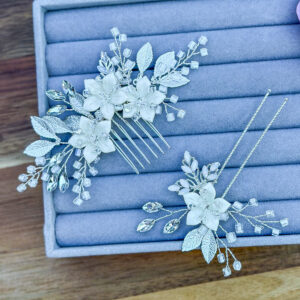 Wedding Flower Hair Comb and Pin with rhinestones, blue opal crystals, and white ceramic flowers. Perfect for weddings, proms, and special occasions.