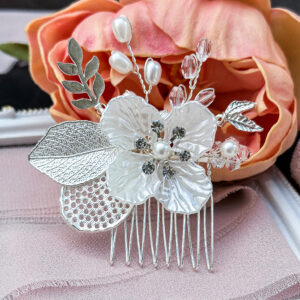 Flower Bridal Hair Comb featuring delicate flowers, pearls, and crystals. Perfect for weddings, proms, and special occasions.